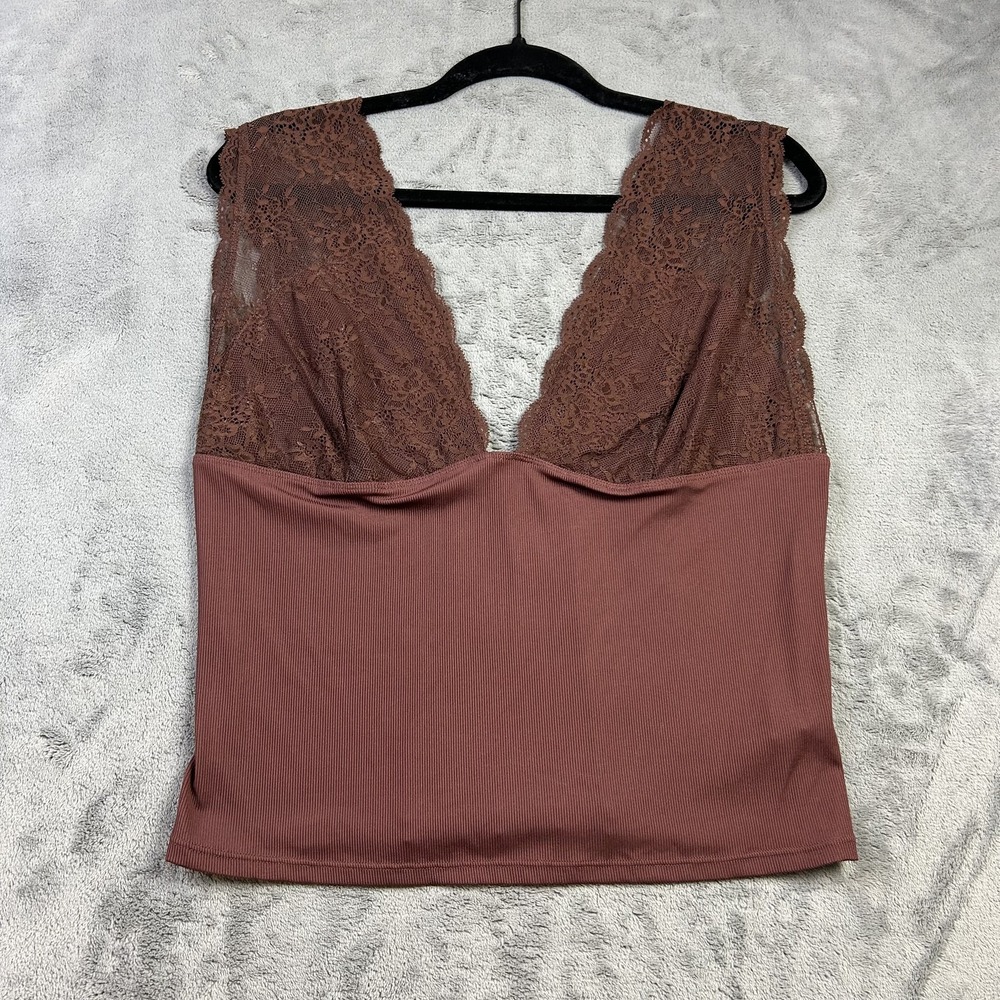 Free People Top Womens Size XL Brown Deep V‎ Lace Rib Crop Capsule Romantic NEW